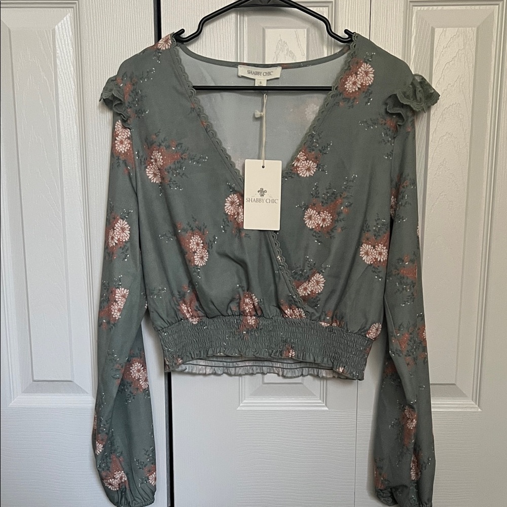 NWT Shabby Chic Sage Green Floral Long Sleeve Blouse Women’s S